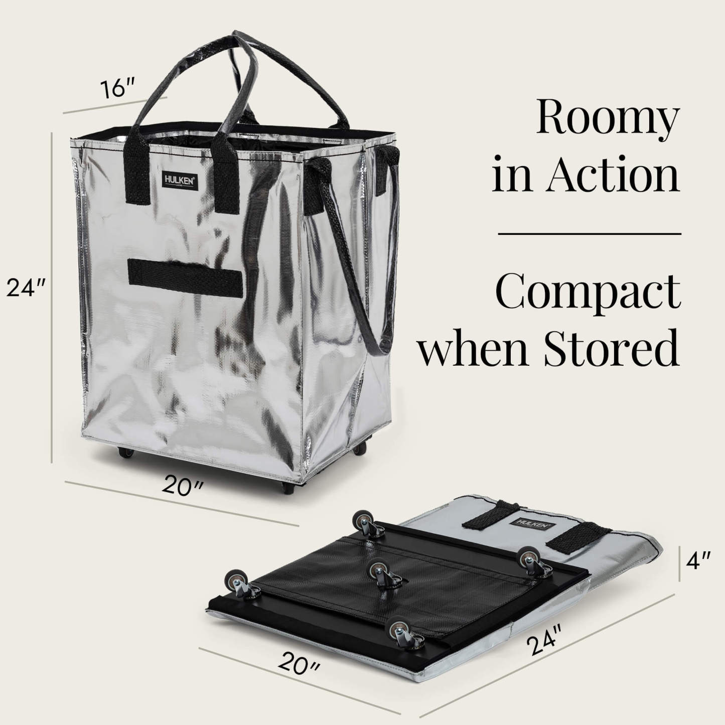 Hulkthten Foldable Rolling Tote Bag with Zip Top Closure