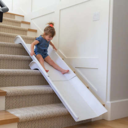 Stairslide Original Stair Mounted Kids Indoor Home Staircase Slide Playset with Self Anchoring Non Slip Grips for 9 to 12 Stairs, Cream
