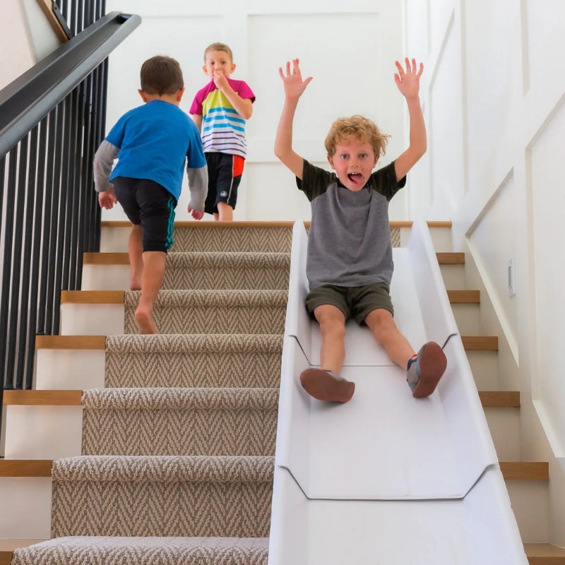 Stairslide Original Stair Mounted Kids Indoor Home Staircase Slide Playset with Self Anchoring Non Slip Grips for 9 to 12 Stairs, Cream