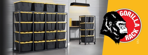 Image of Gorilla Rack logo cut next to image of bin rack in a garage setting loaded with totes.