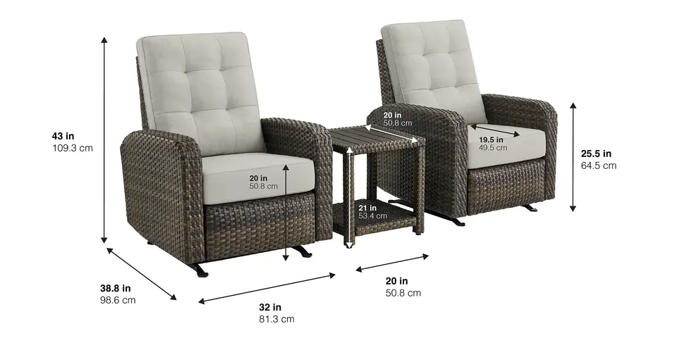 Thomasville Outdoor Barela Gliding Recliner Set with Side Table and dimensions