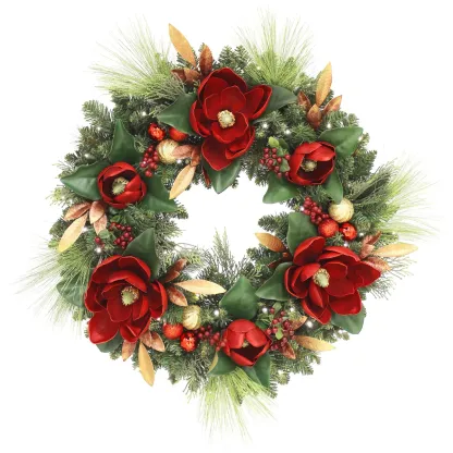 30” Pre-lit Magnolia Artificial Wreath
