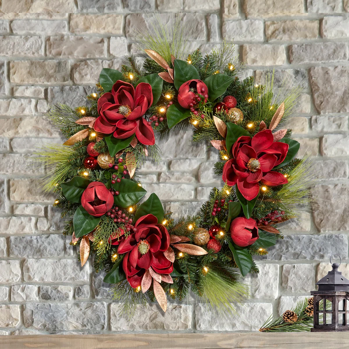 30” Pre-lit Magnolia Artificial Wreath