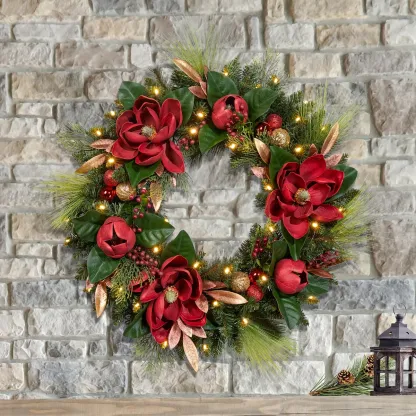 30” Pre-lit Magnolia Artificial Wreath
