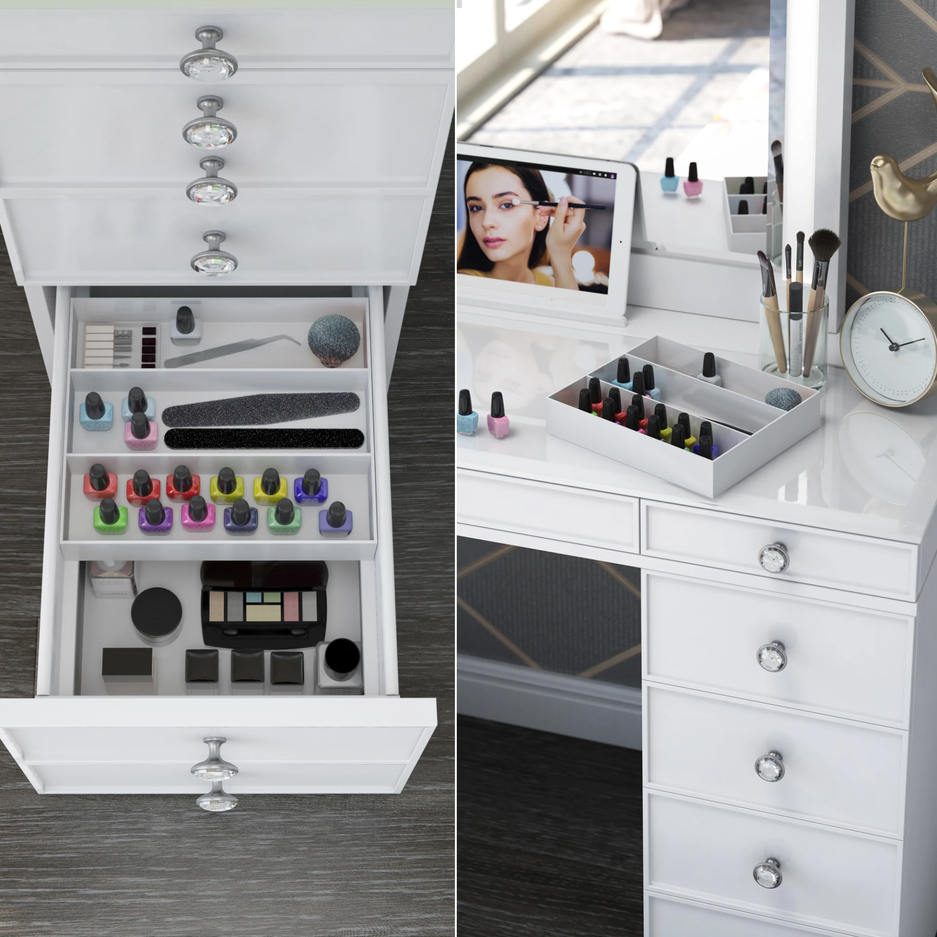 Tresthtanti Alexandra Double Pedestal Vanity Table with LED Lighted Mirror