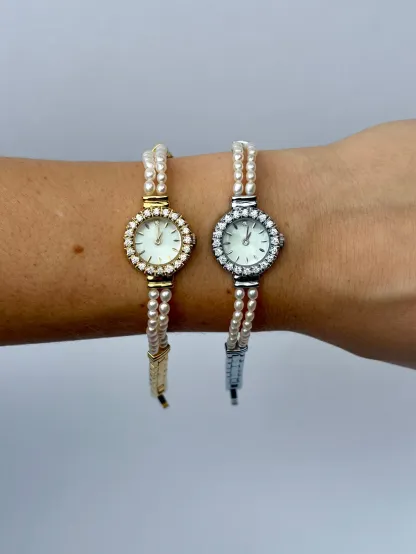 Vintage Gold/Silver Plated Precious 2 Pearl Womens Watch Small Face