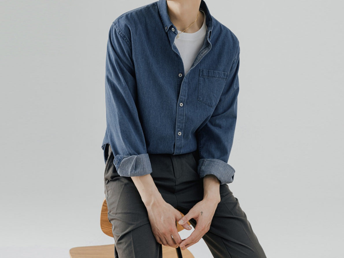 Men's Denim Long-sleeved Shirt Trendy Casual Solid Color Work Clothes Shirt Coat