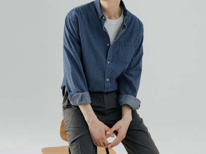 Men's Denim Long-sleeved Shirt Trendy Casual Solid Color Work Clothes Shirt Coat