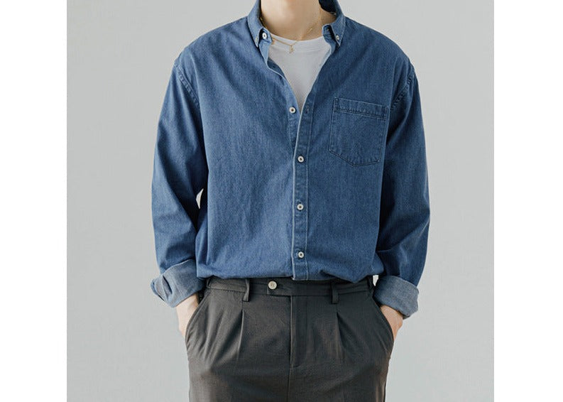 Men's Denim Long-sleeved Shirt Trendy Casual Solid Color Work Clothes Shirt Coat
