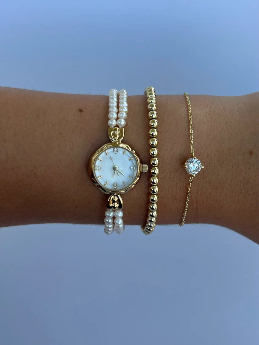 Vintage Gold Plated 2 Pearl Womens Watch Small Face