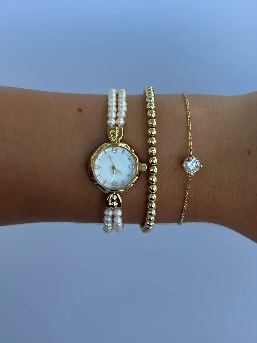 Vintage Gold Plated 2 Pearl Womens Watch Small Face