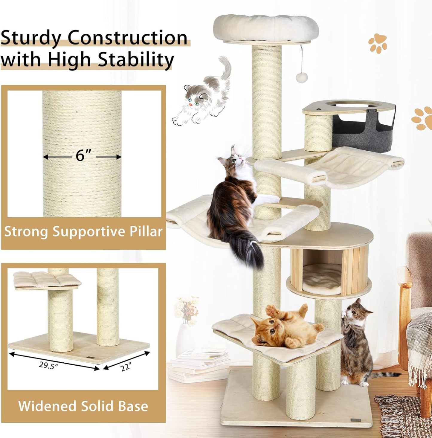 Large Cat Tree, Multi-Level Tall Cat Tower