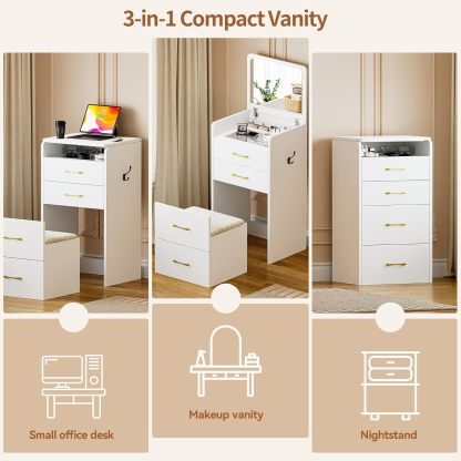 Gurexl 3-in-1 Small Vanity with Plip Top Mirror and Chair