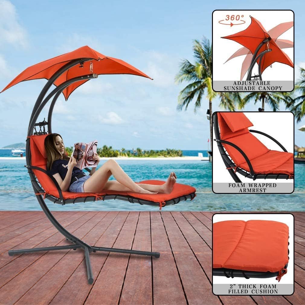 Patio Hanging Chaise Lounger Swing Chair with Adjustable Umbrella