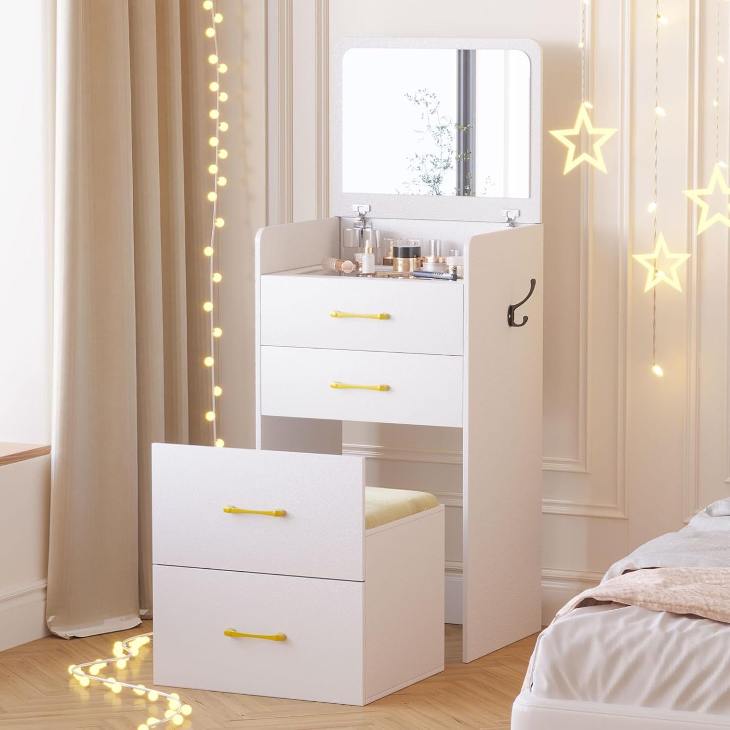 Gurexl 3-in-1 Small Vanity with Plip Top Mirror and Chair