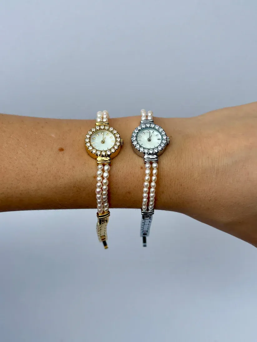 Vintage Gold/Silver Plated Precious 2 Pearl Womens Watch Small Face