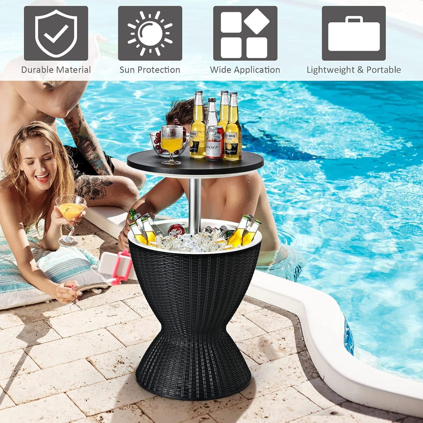 Outdoor Cooler Side Table, Patio Bar Table w/ 8 Gallon Beer & Wine Cooler
