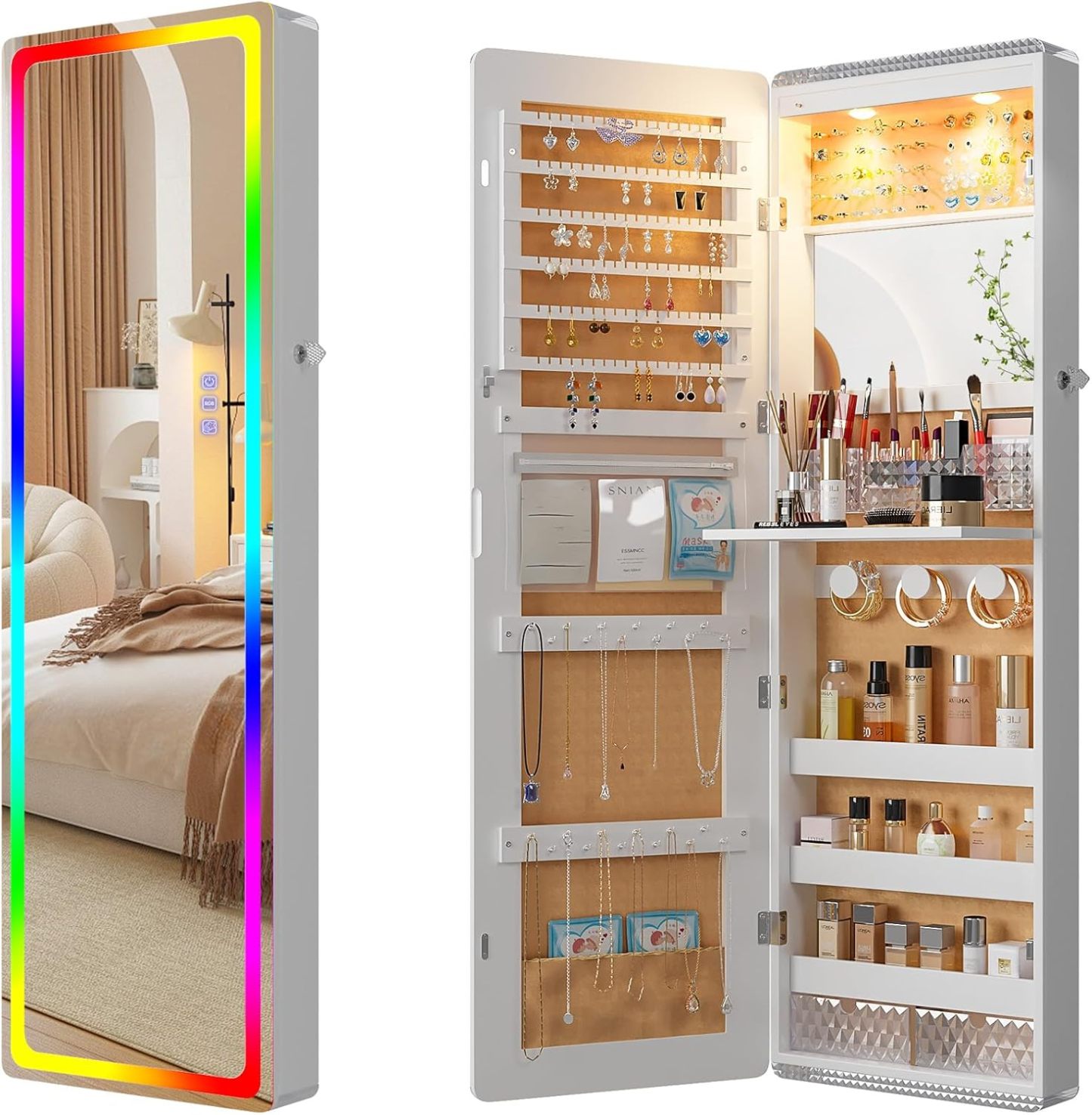 LED Mirror Jewelry Cabinet with RGB Lights – 47.2" Full-Length