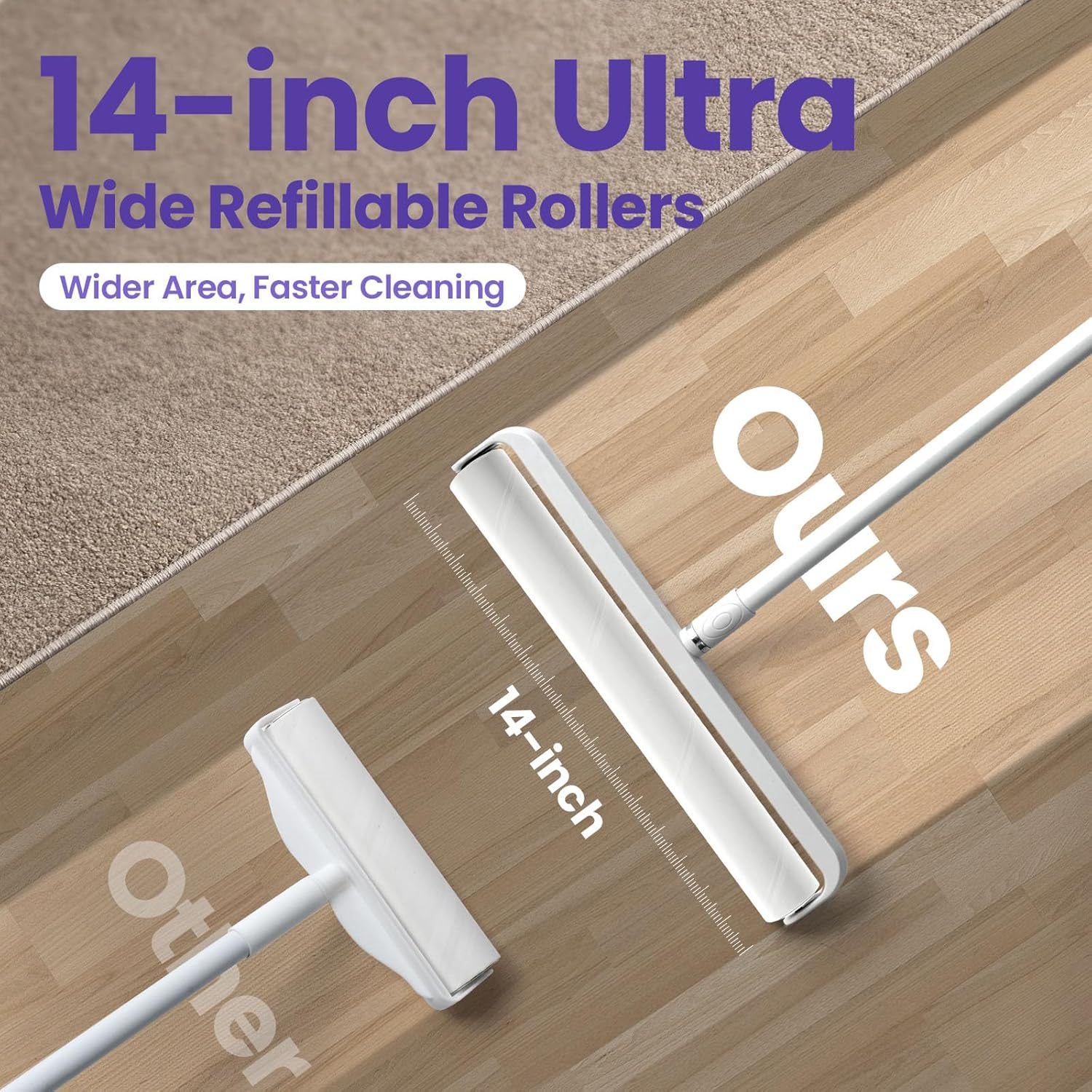 Large Lint Rollers for Carpet, Sticky Rollers for Floor DELOMO 14 in with 3 Extendable Handle