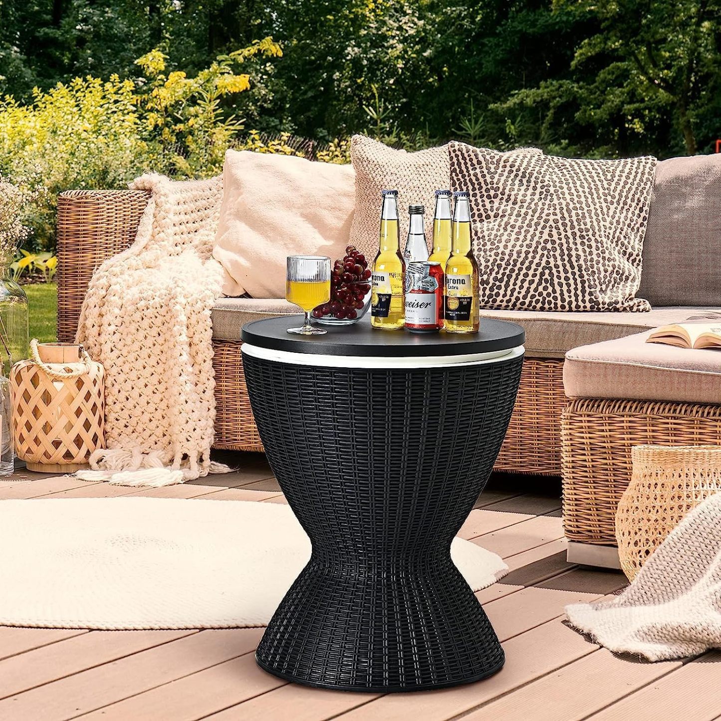 Outdoor Cooler Side Table, Patio Bar Table w/ 8 Gallon Beer & Wine Cooler