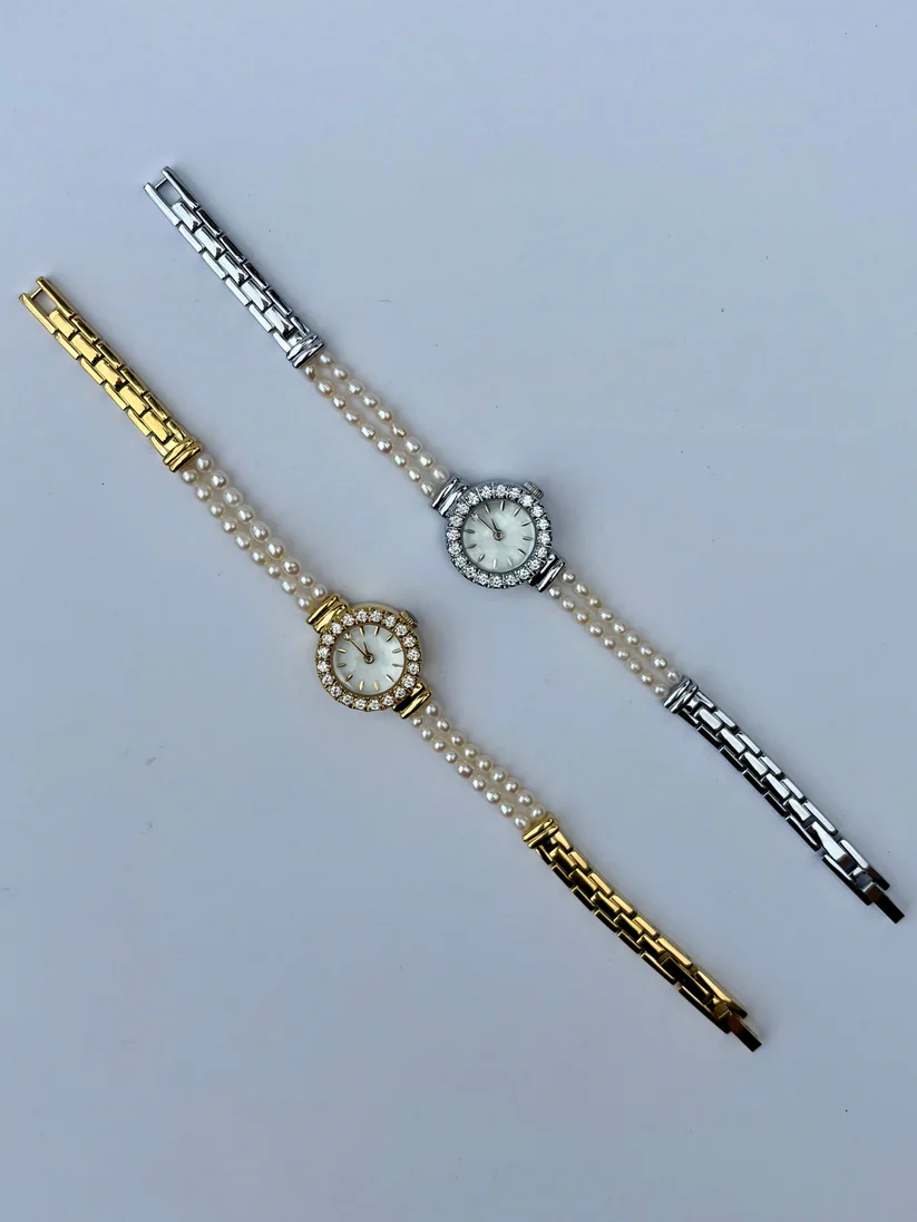 Vintage Gold/Silver Plated Precious 2 Pearl Womens Watch Small Face