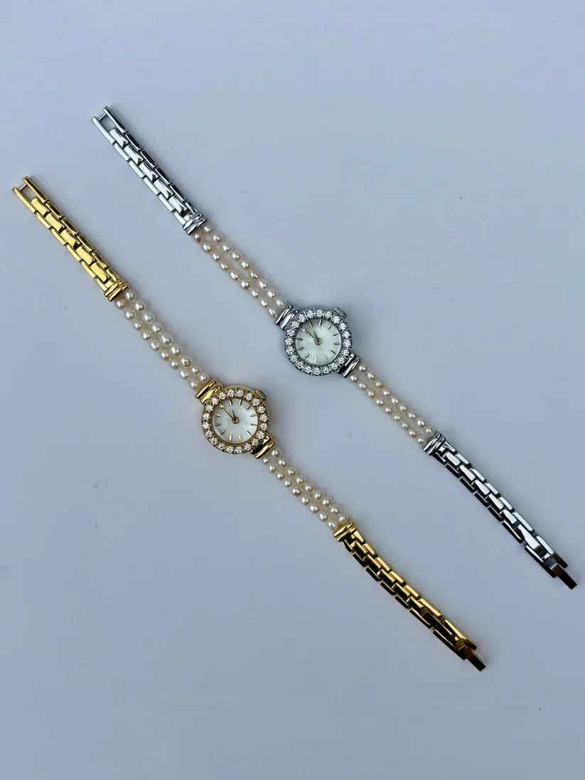 Vintage Gold/Silver Plated Precious 2 Pearl Womens Watch Small Face