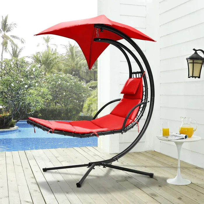 Patio Hanging Chaise Lounger Swing Chair with Adjustable Umbrella