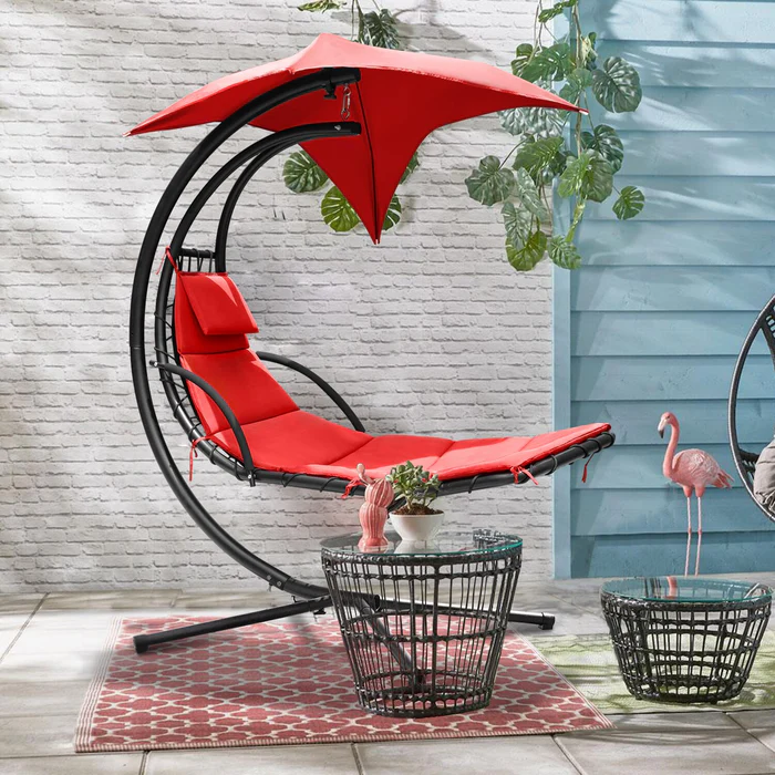 Patio Hanging Chaise Lounger Swing Chair with Adjustable Umbrella