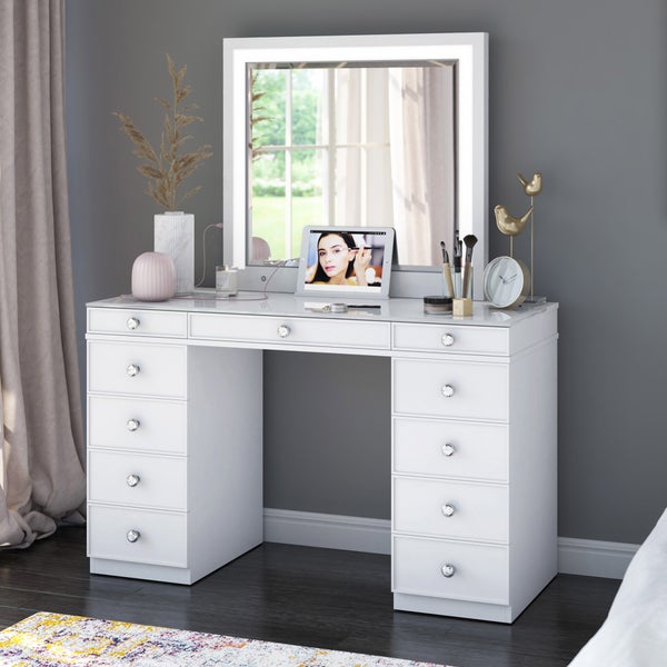 Tresthtanti Alexandra Double Pedestal Vanity Table with LED Lighted Mirror