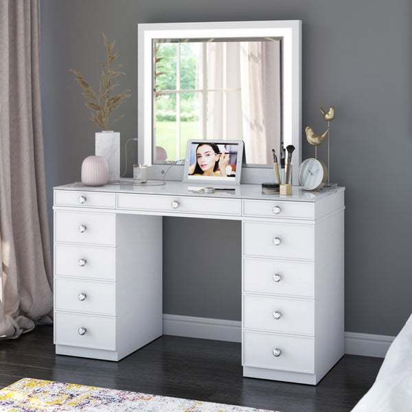 Tresthtanti Alexandra Double Pedestal Vanity Table with LED Lighted Mirror