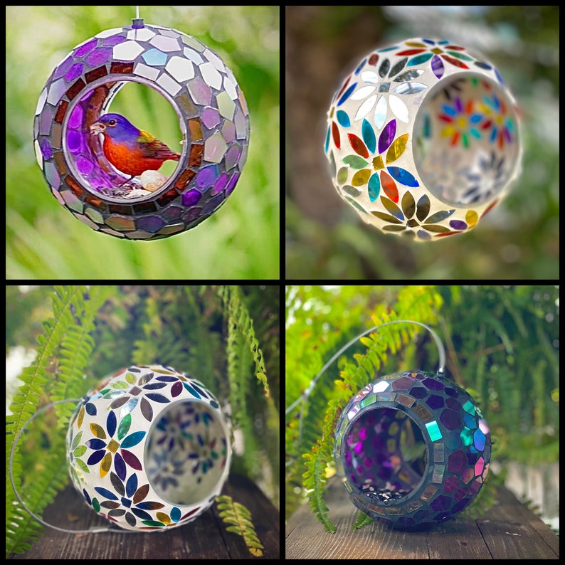May include: Four mosaic glass hummingbird feeders, each with a unique color scheme and floral pattern.  The feeders are spherical with a circular opening for birds to access the food.  Colors include purple, teal, white, and multicolored floral designs.  These decorative bird feeders are suitable for outdoor hanging.