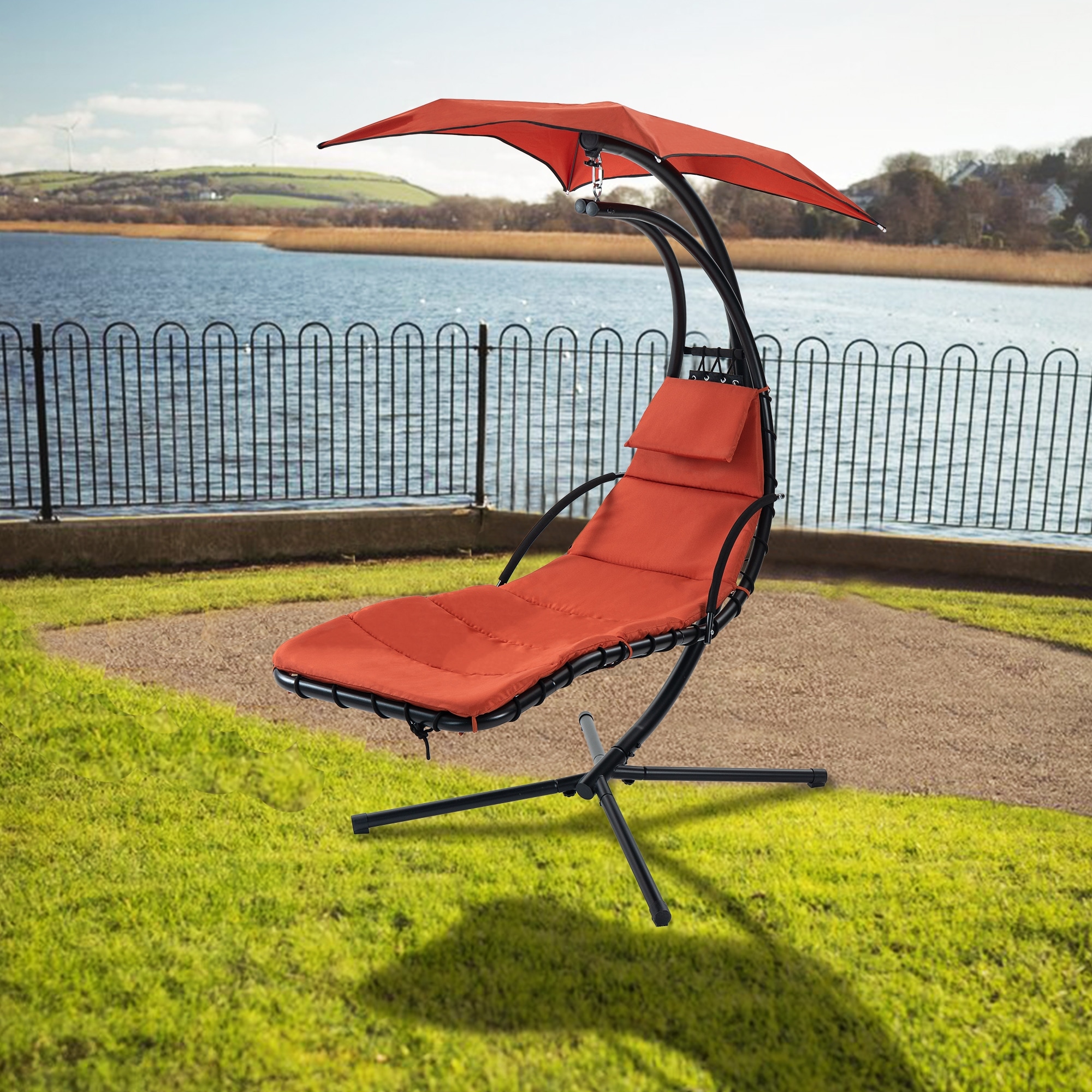 Outdoor Swing Chair with Adjustable Umbrella and Thick Cushion, Hanging  Chaise Lounger with Removable Canopy