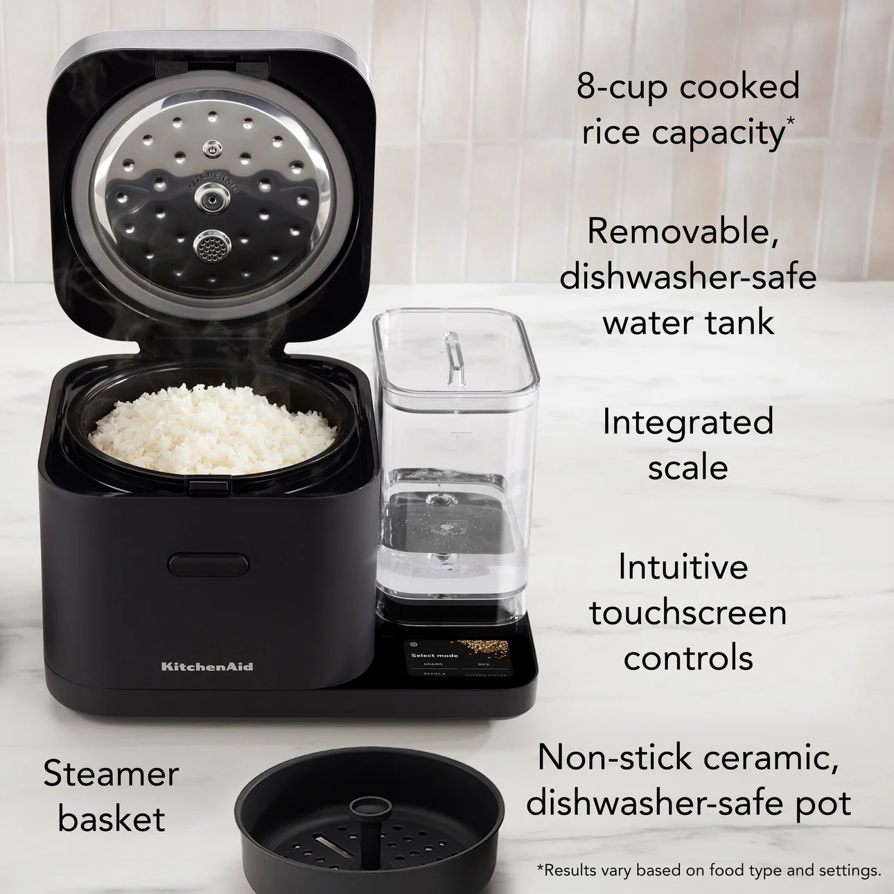 KitchthtenAid Grain and Rice Cooker 8 Cup with Automatically Sensing Integrated Scale + Water Tank, KGC3155BM
