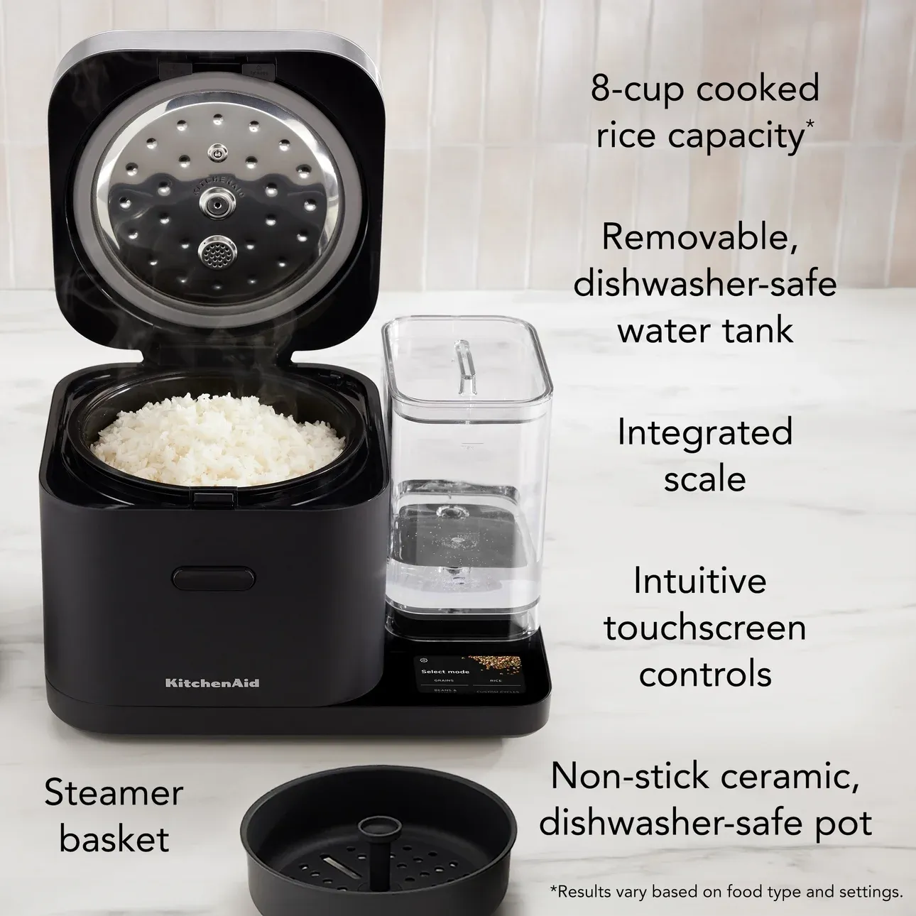 KitchthtenAid Grain and Rice Cooker 8 Cup with Automatically Sensing Integrated Scale + Water Tank, KGC3155BM