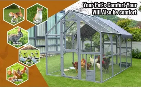 ELJGET 110" Metal Chicken Coop, Outdoor Large Chicken Run Rabbit Pet Playpen with Waterproof Cover for Yard Backyard Farm, Gray, 7 of 13