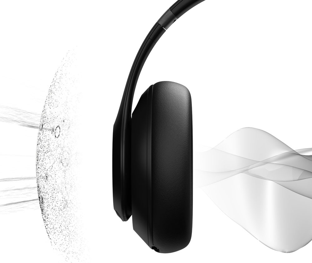Beats Studio Pro ear cup with sound waves demonstrating Active Noise Cancellation