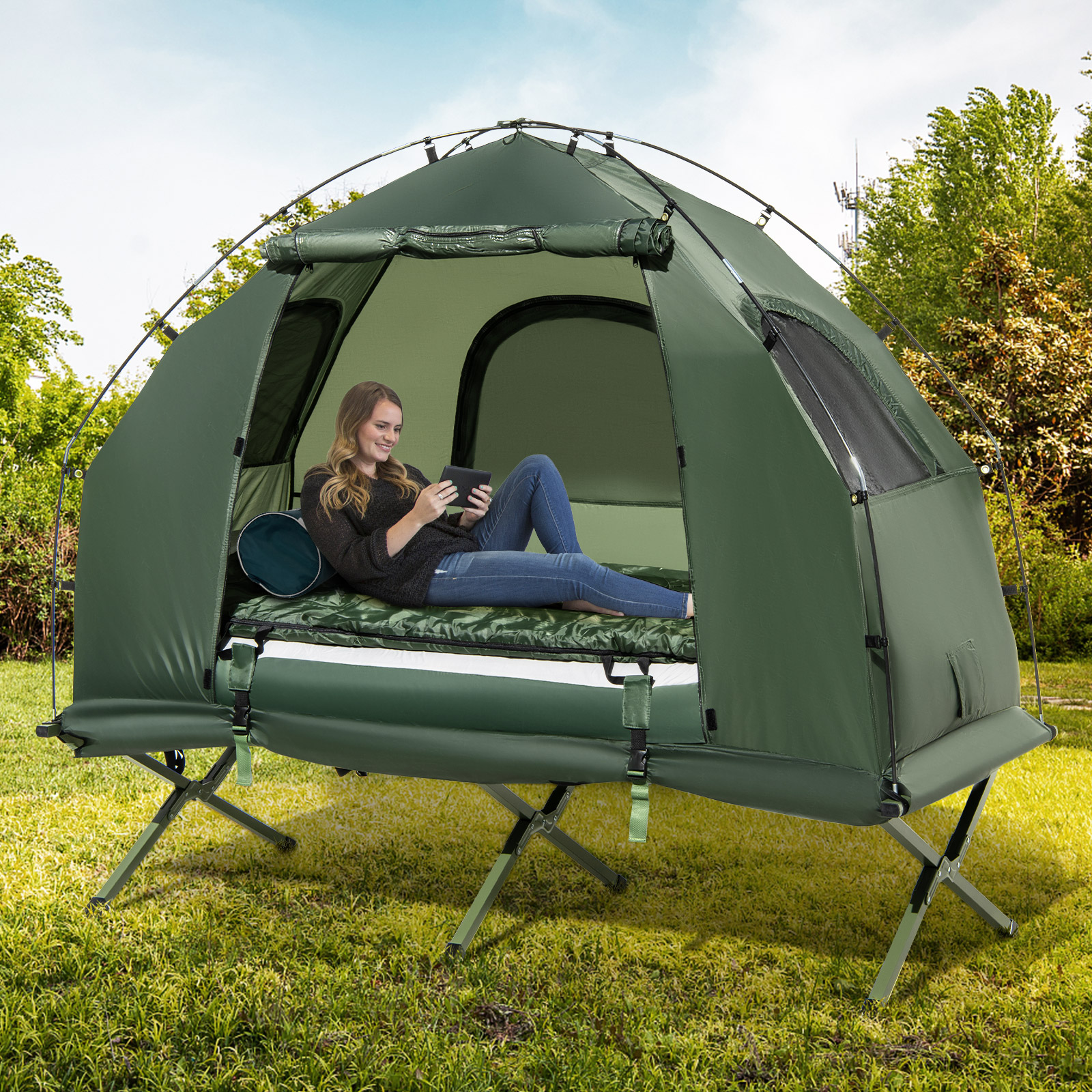Costway Goplus 1-Person Waterproof Camping Tent Cot with Air Mattress, Pillow & Sleeping Bag