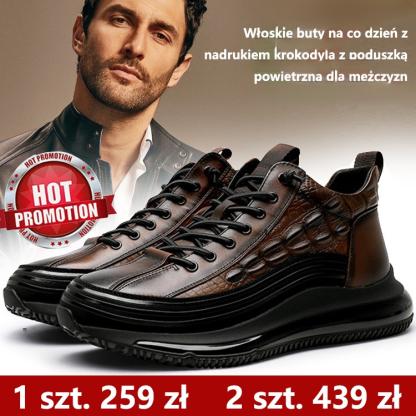 【39-45】Modne włoskie buty męskie ze skóry bydlęcej, wzór krokodyla, podeszwy na poduszkach powietrzn