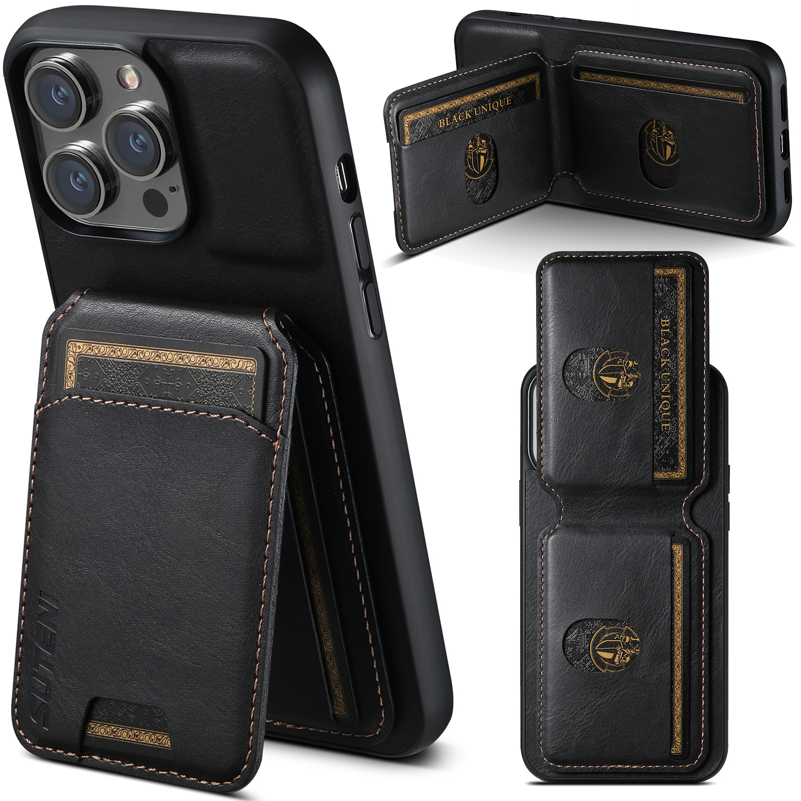 Suteni Magnetic Card Slot Clip 2-in-1 Wireless Charging Leather Case for IPhone