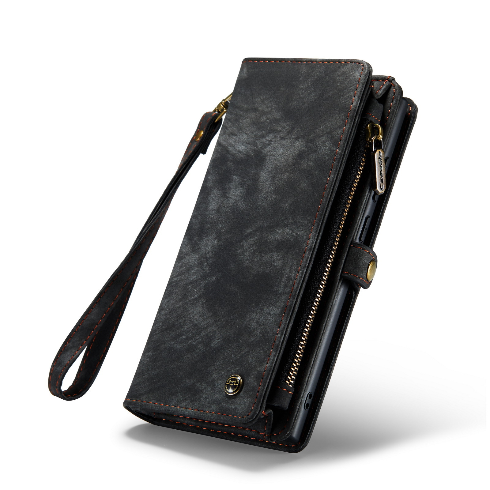 Magnetic Detachable Leather Zipper Wallet Case with Wrist Strap for IPhone