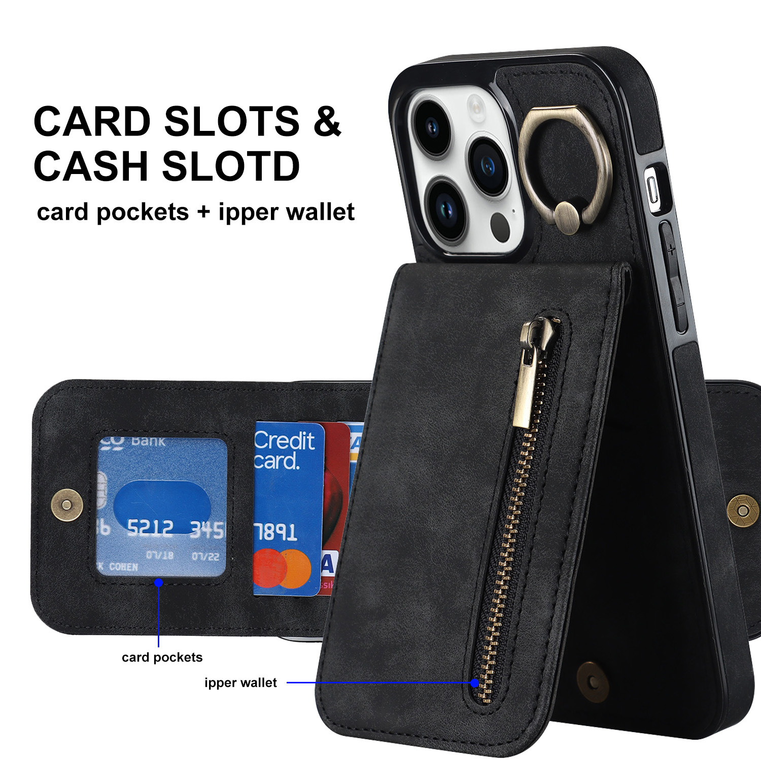 Multi-functional card insert zipper case for iPhone