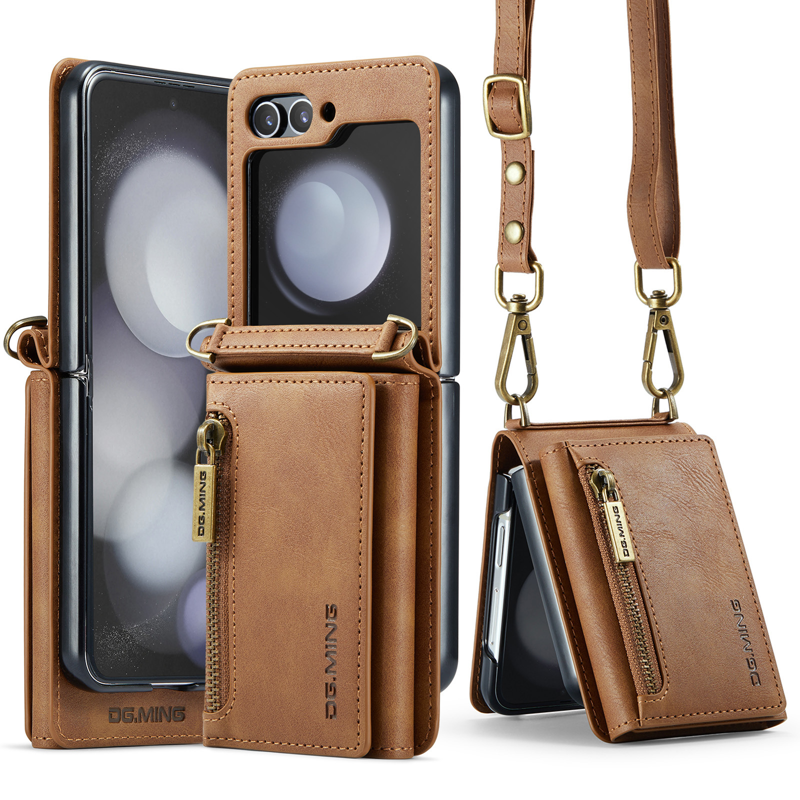 New 2-IN-1 RFID Blocking Zipper Wallet Supports Wireless Charging Leather Phone Case for Samsung Z Flip 6/5/4/3