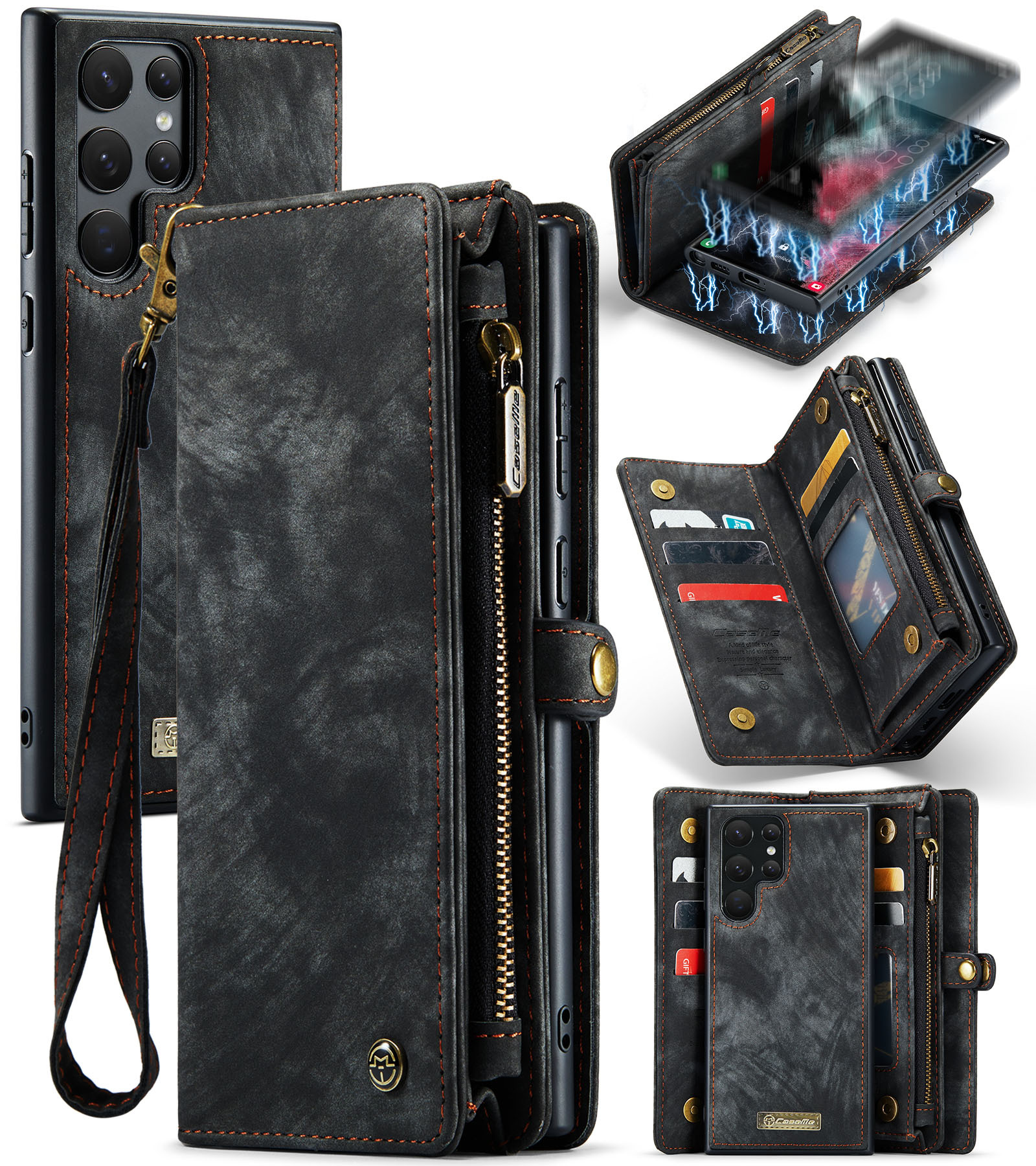 Magnetic Detachable Leather Zipper Wallet Case with Wrist Strap for Samsung