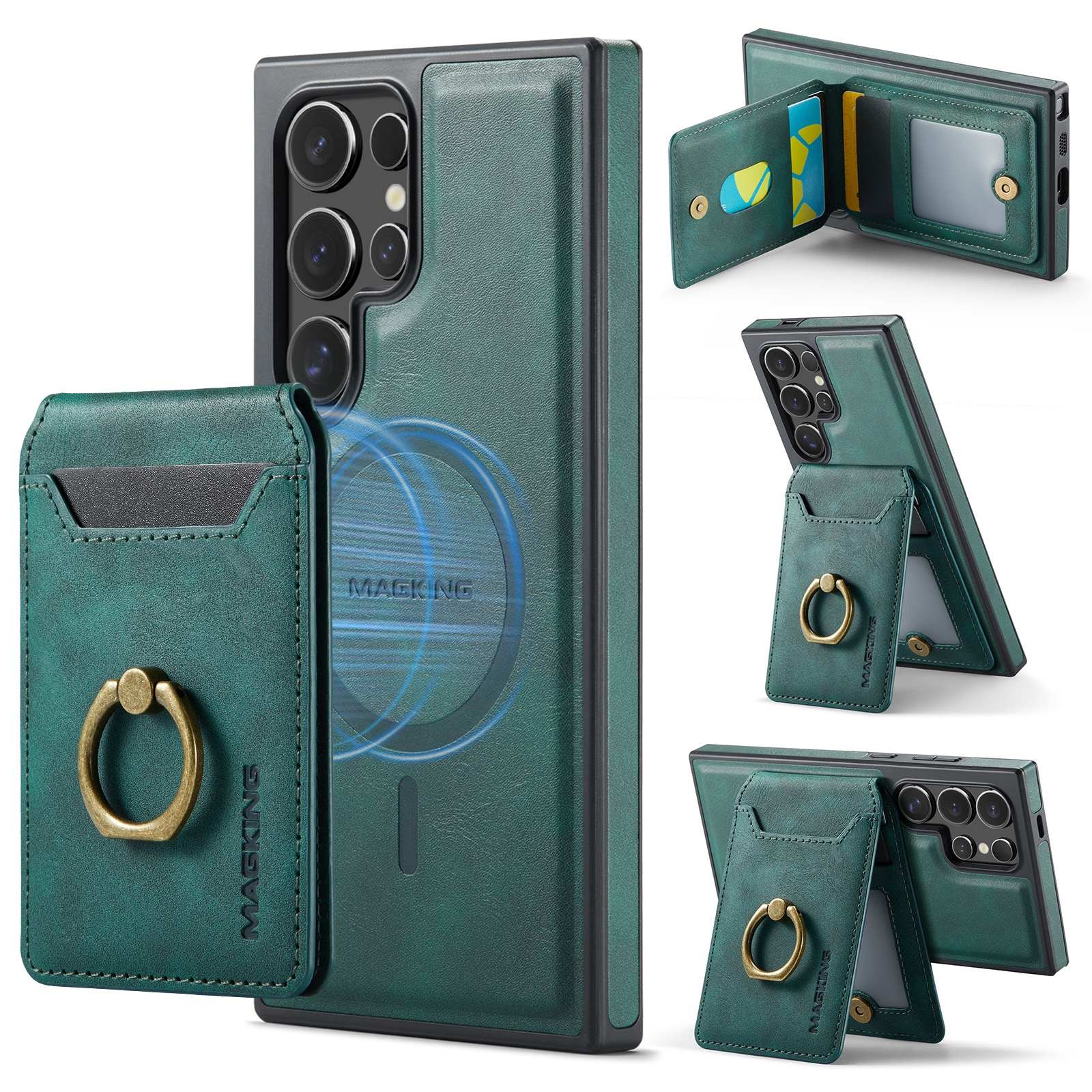 Magnetic split case card holder supports anti-theft swipe function with metal finger ring clasp for Samsung S24/23 (K1)