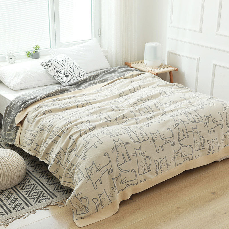 Cat Print Cotton Quilt Reversible Blanket
