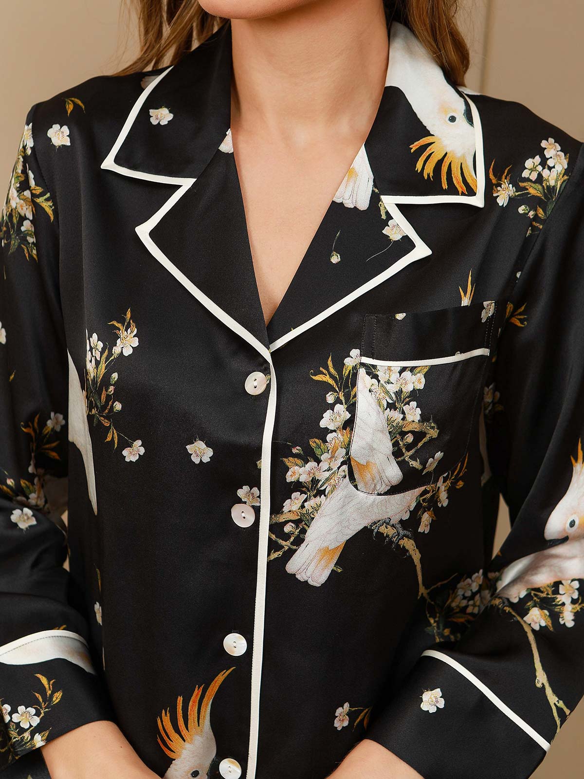 Women's Pure Silk Floral Print Long Sleeve Pajamas Set With Pants