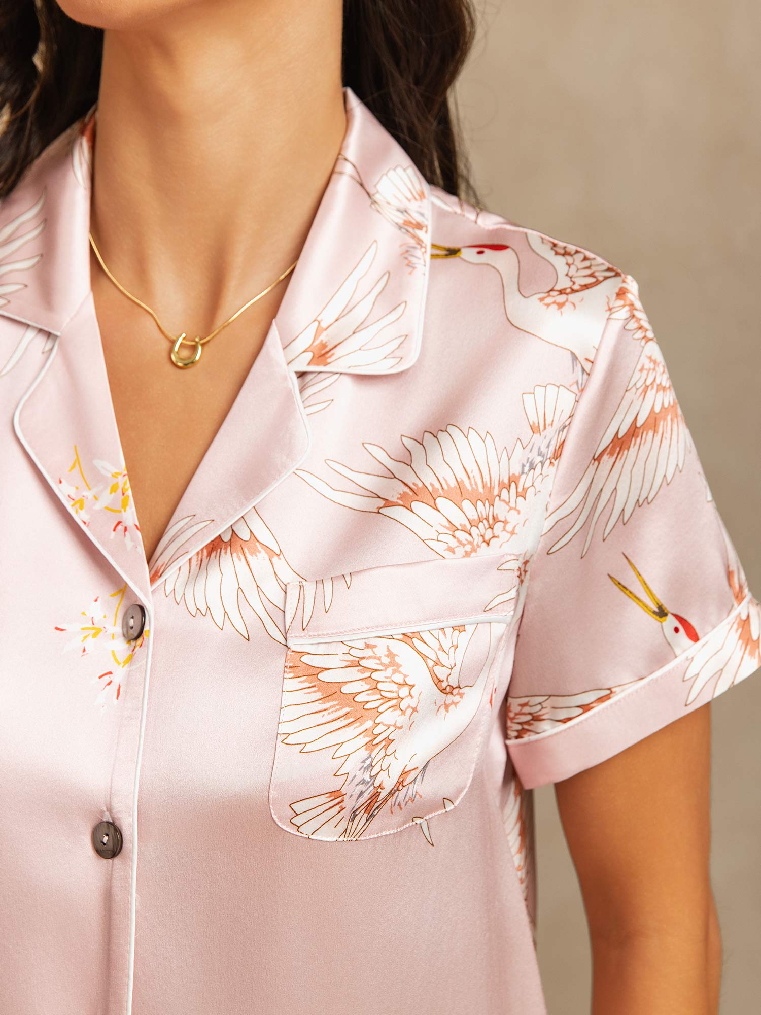 19Momme Women's Pure Silk Crane Print Short Sleeve Pajamas Set