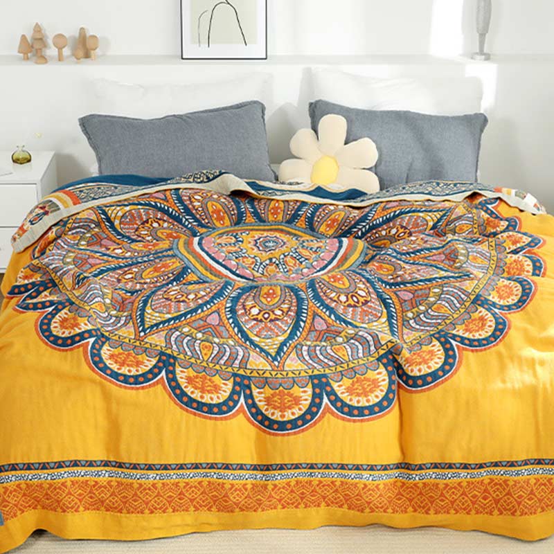 Bohemian Reversible Yellow Flower Summer Quilt