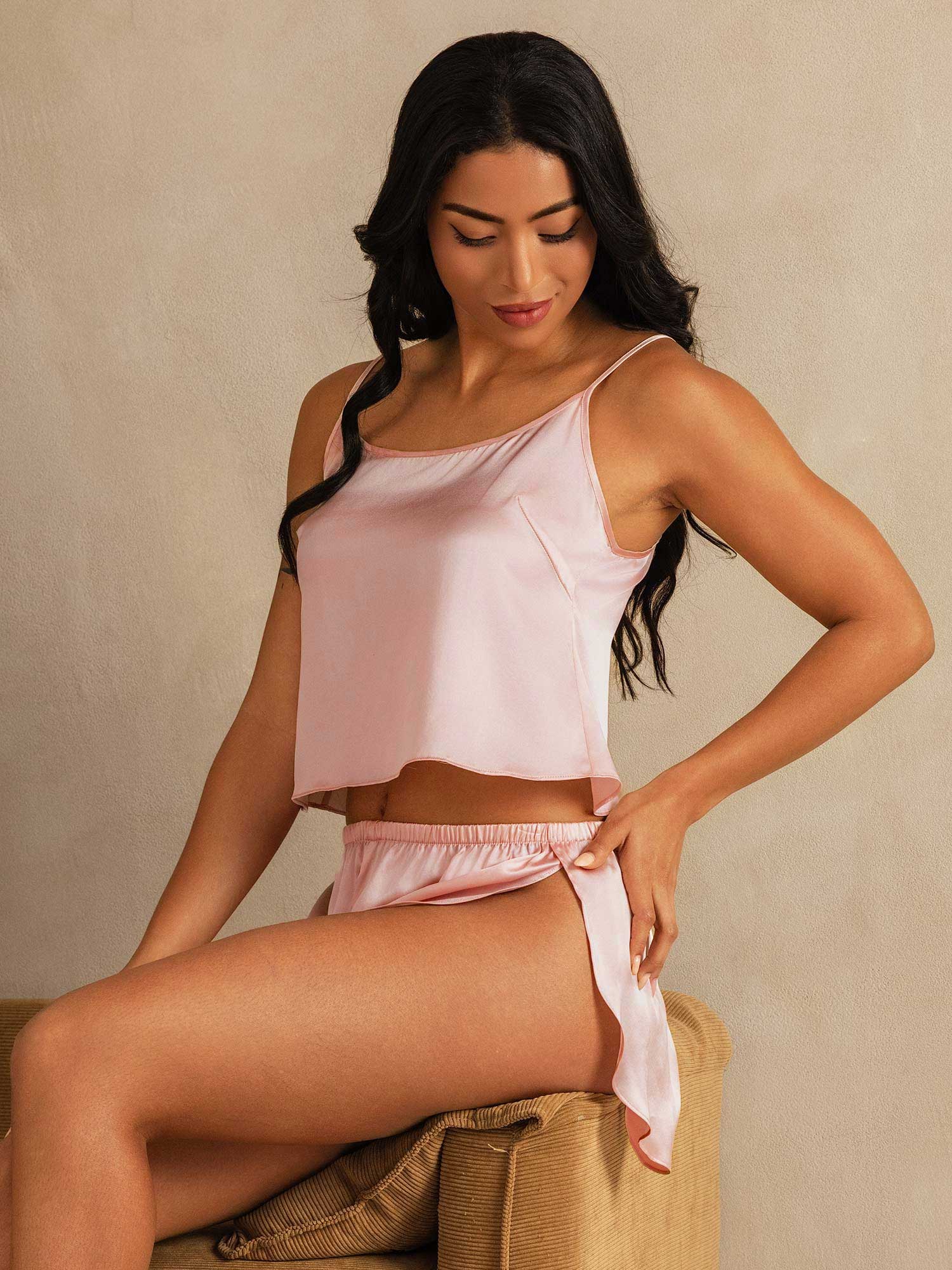 Pure Silk Spaghetti Strap Round Neck Above the Knee Camisole Set with Split Design