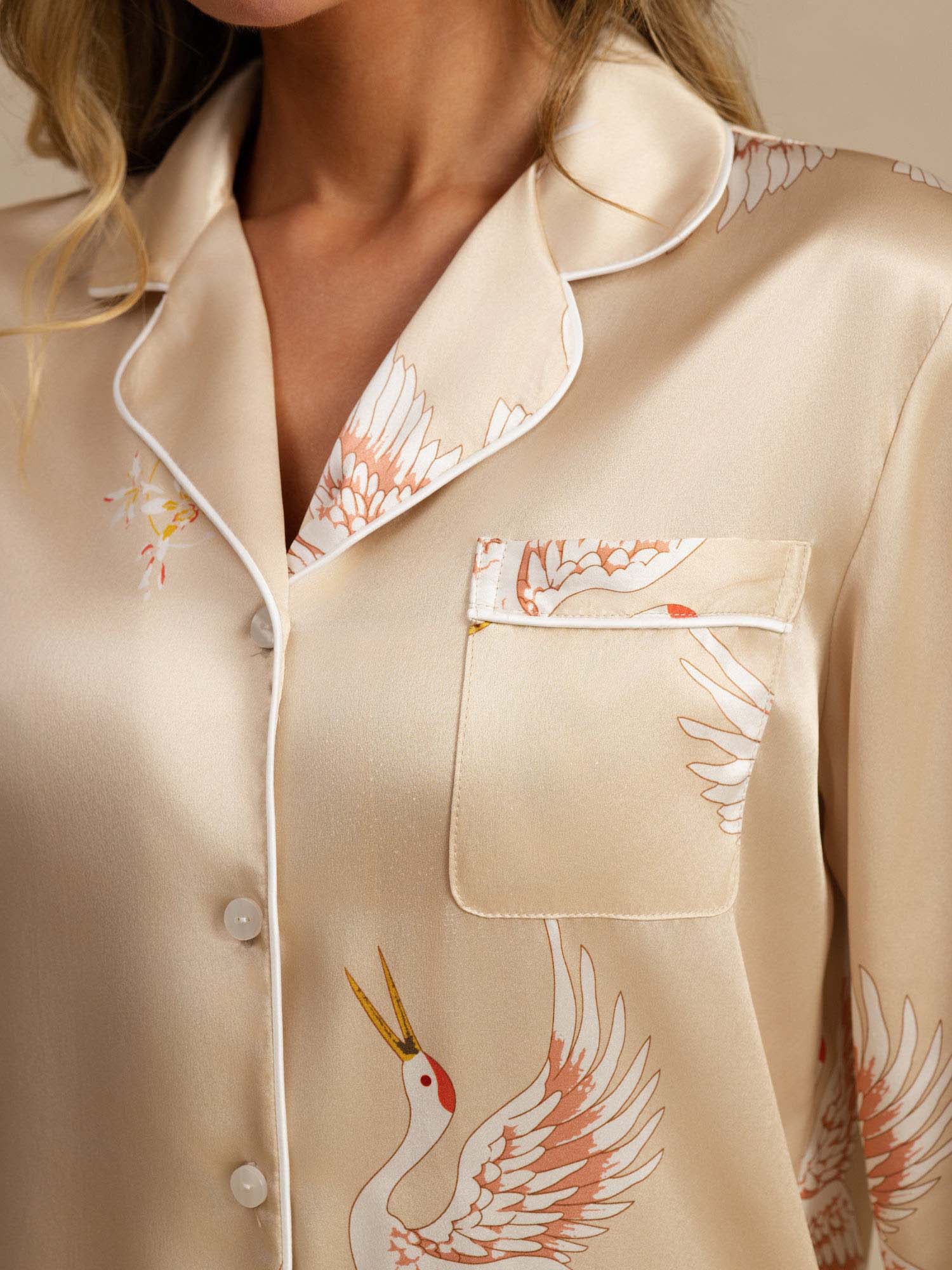 19Momme Women's Pure Silk Crane Print Long Sleeve Pajamas Set